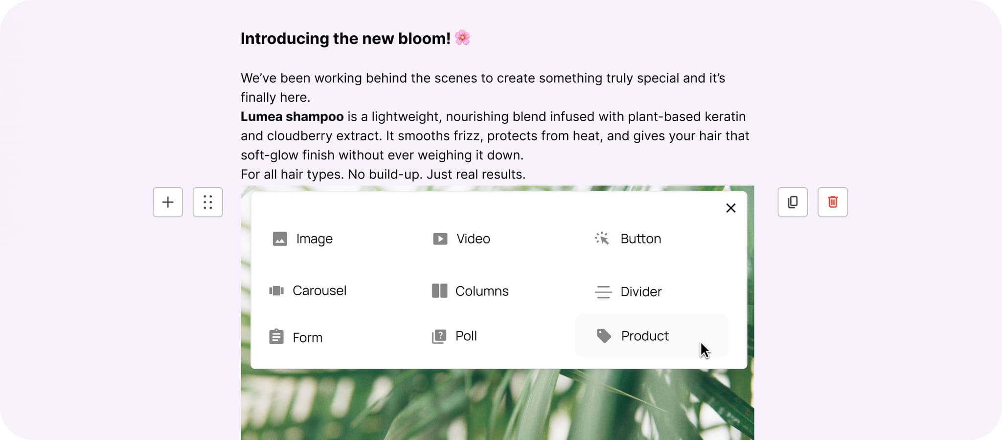 The Spoks block editor with drag-and-drop content blocks