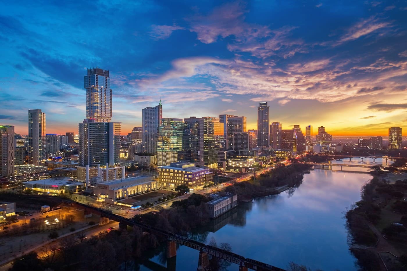 Austin skyline and Lady Bird Lake at sunrise