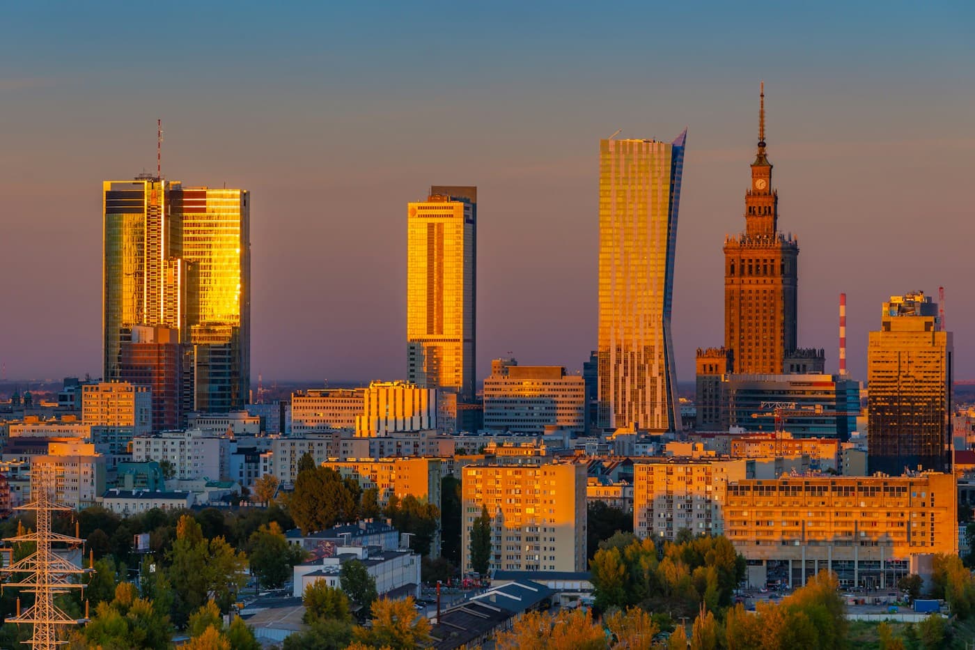 Warsaw skyline and the Palace of Culture and Science in golden evening light
