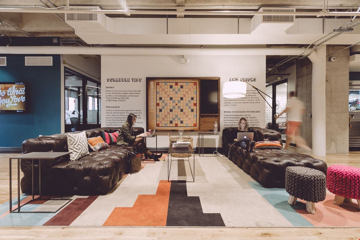 Shared lounge and workspaces at WeWork 600 Congress Avenue in Austin