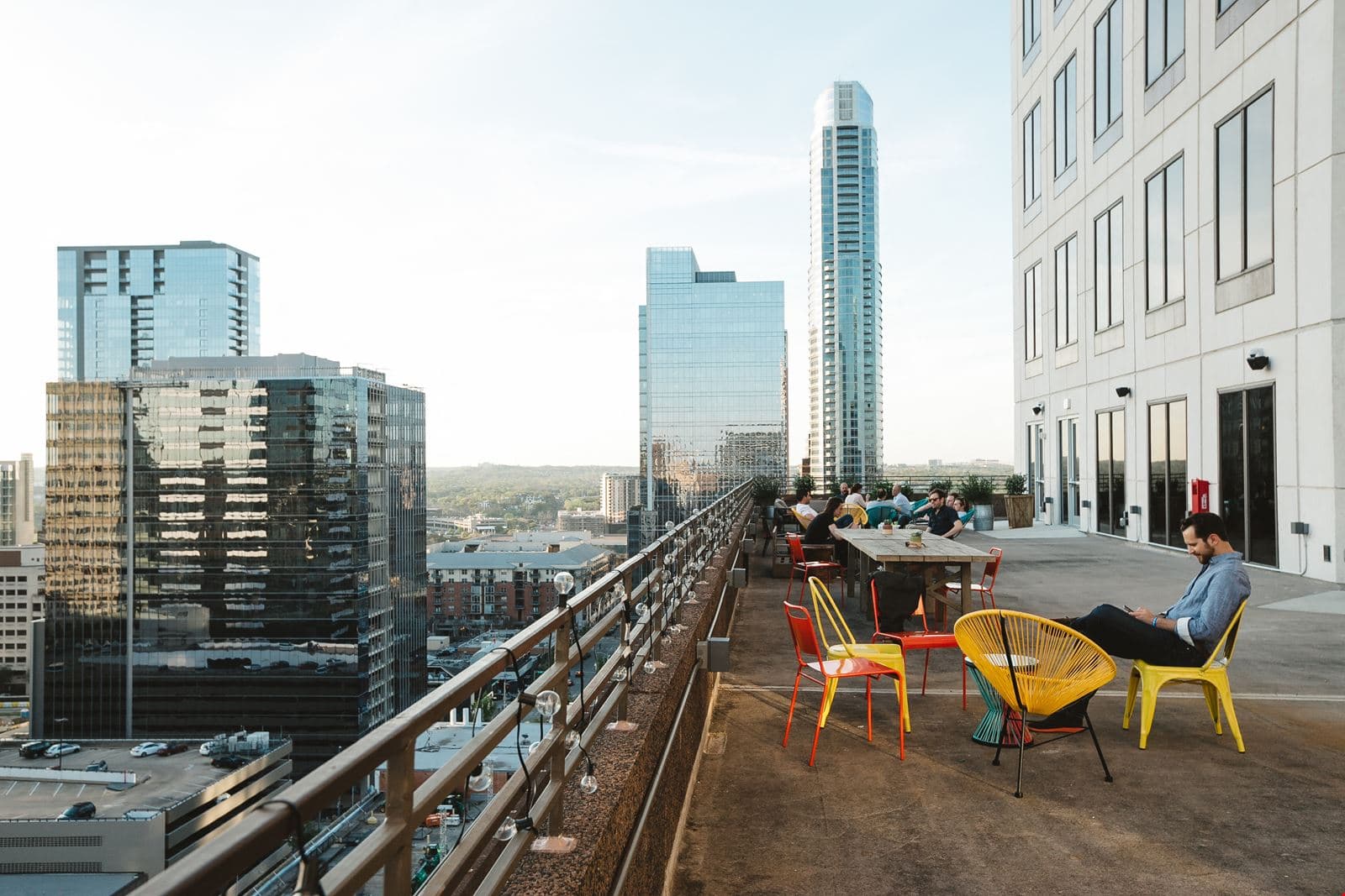Outdoor terrace overlooking downtown Austin at WeWork 600 Congress Avenue