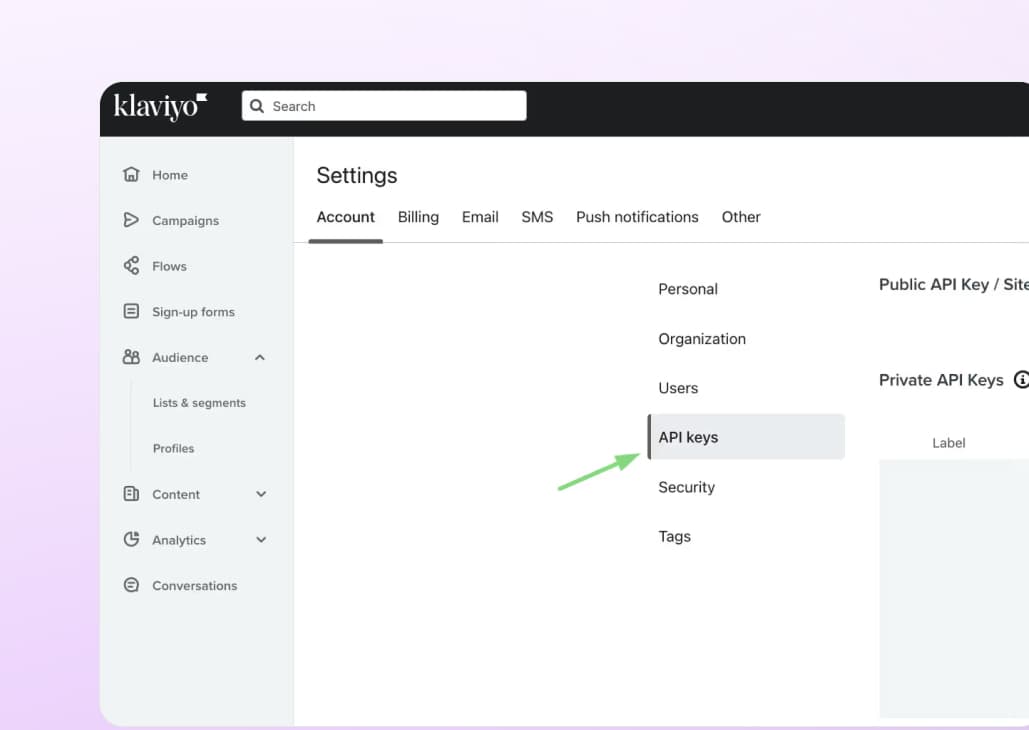 Klaviyo's Settings > Account > API keys page, where the Spoks migration key lives
