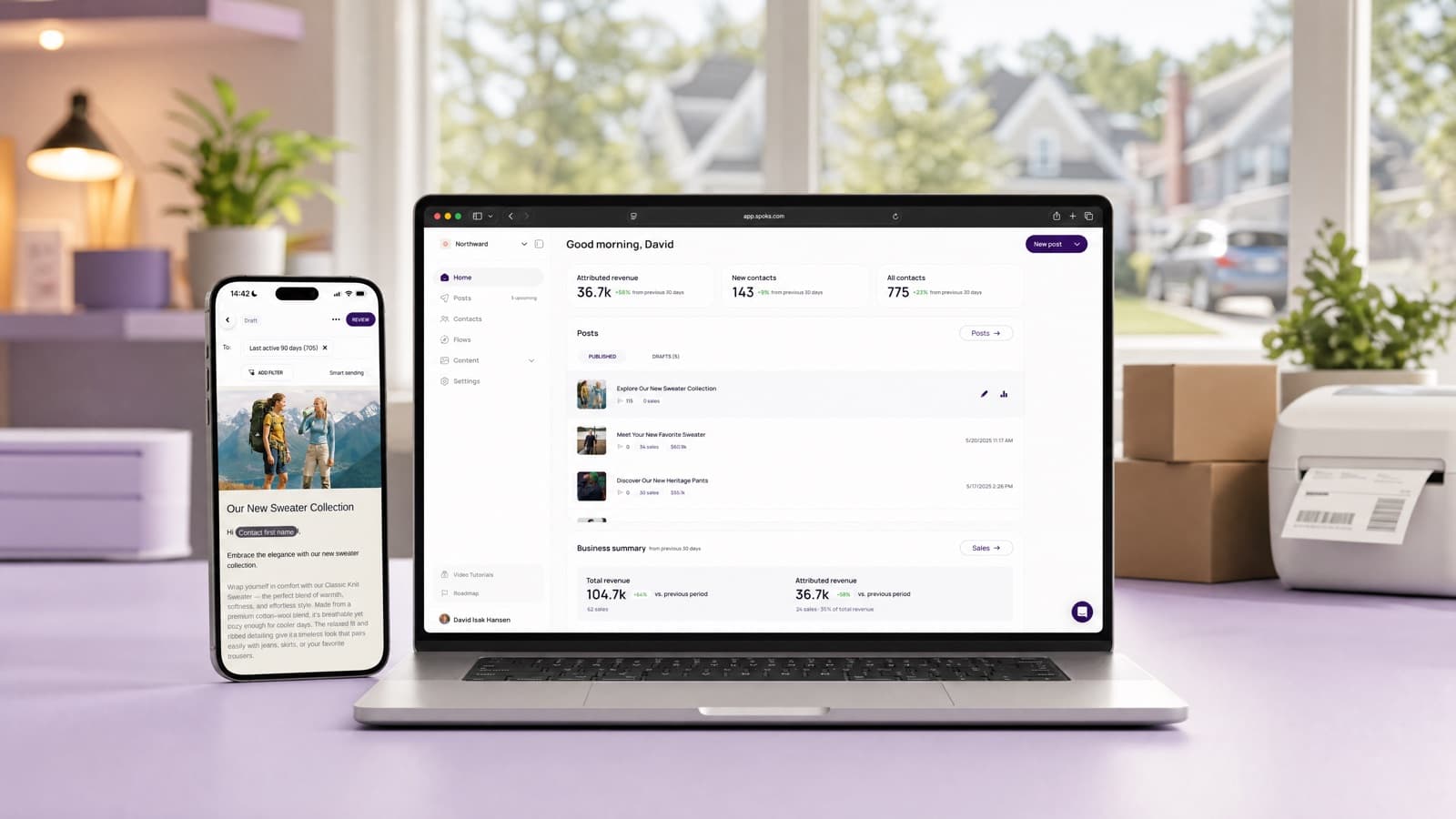 The Spoks dashboard on a laptop and phone, showing revenue and campaigns for a Shopify store