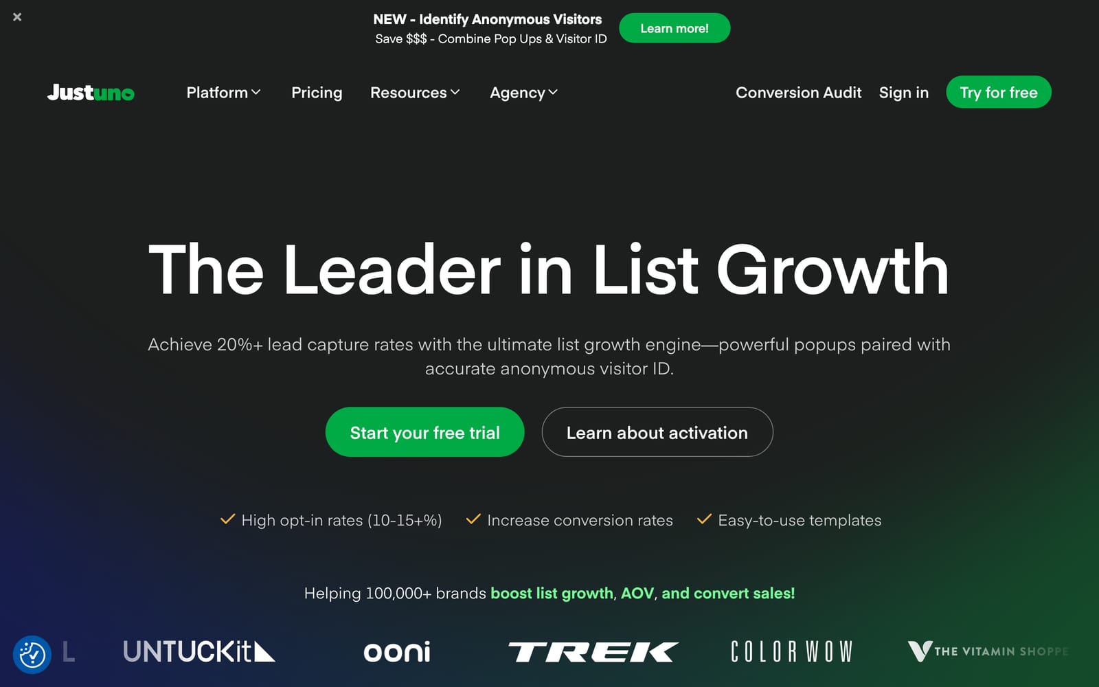 Justuno homepage — enterprise-grade pop-up conversion platform