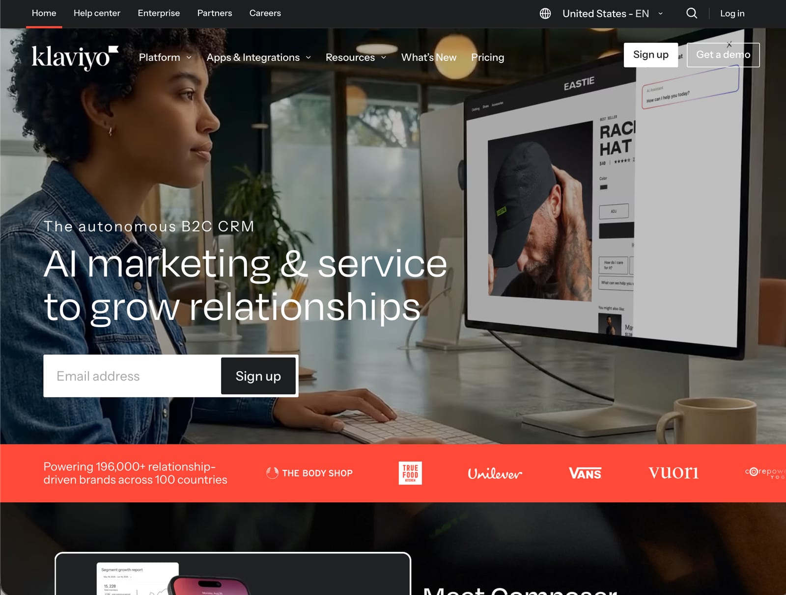 Klaviyo homepage positioning the platform as an autonomous B2C CRM for AI marketing and service