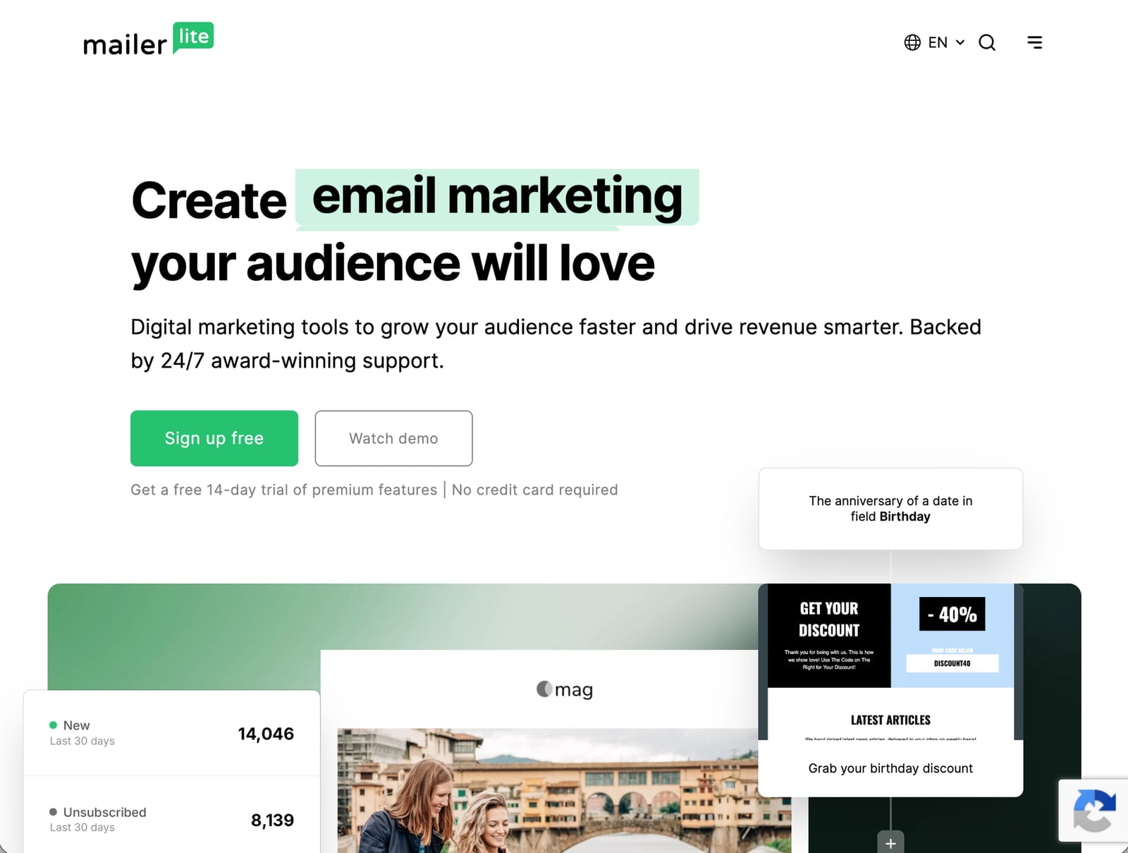 MailerLite homepage with the headline 'Create email marketing your audience will love'