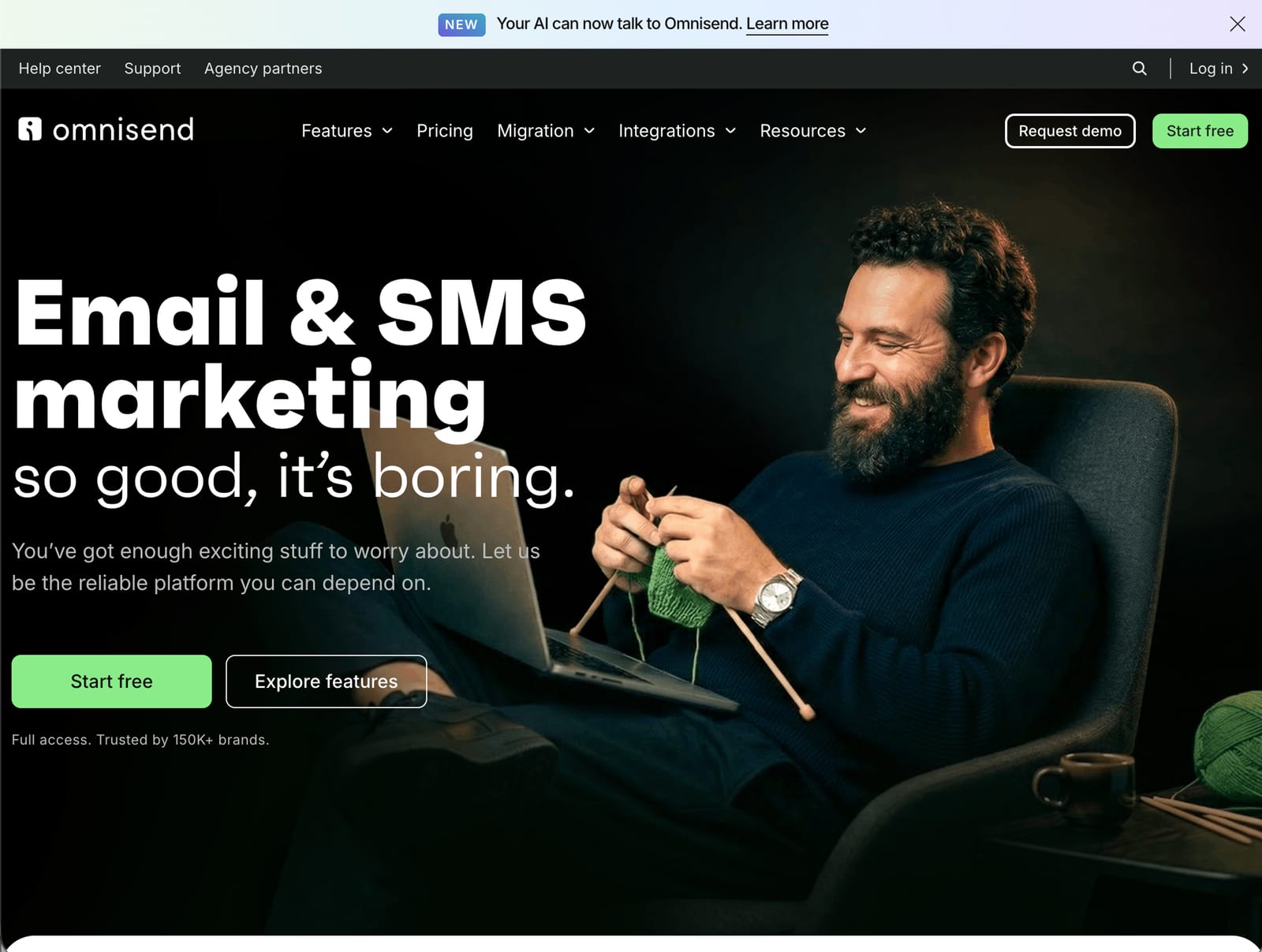 Omnisend homepage with the headline 'Email & SMS marketing so good, it's boring'