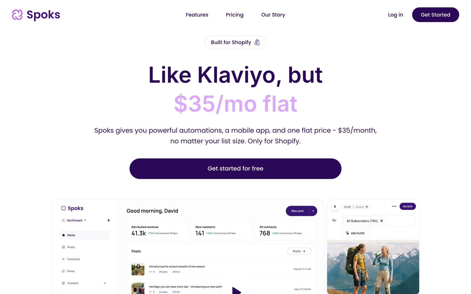 Spoks homepage — flat-rate email & SMS marketing for Shopify